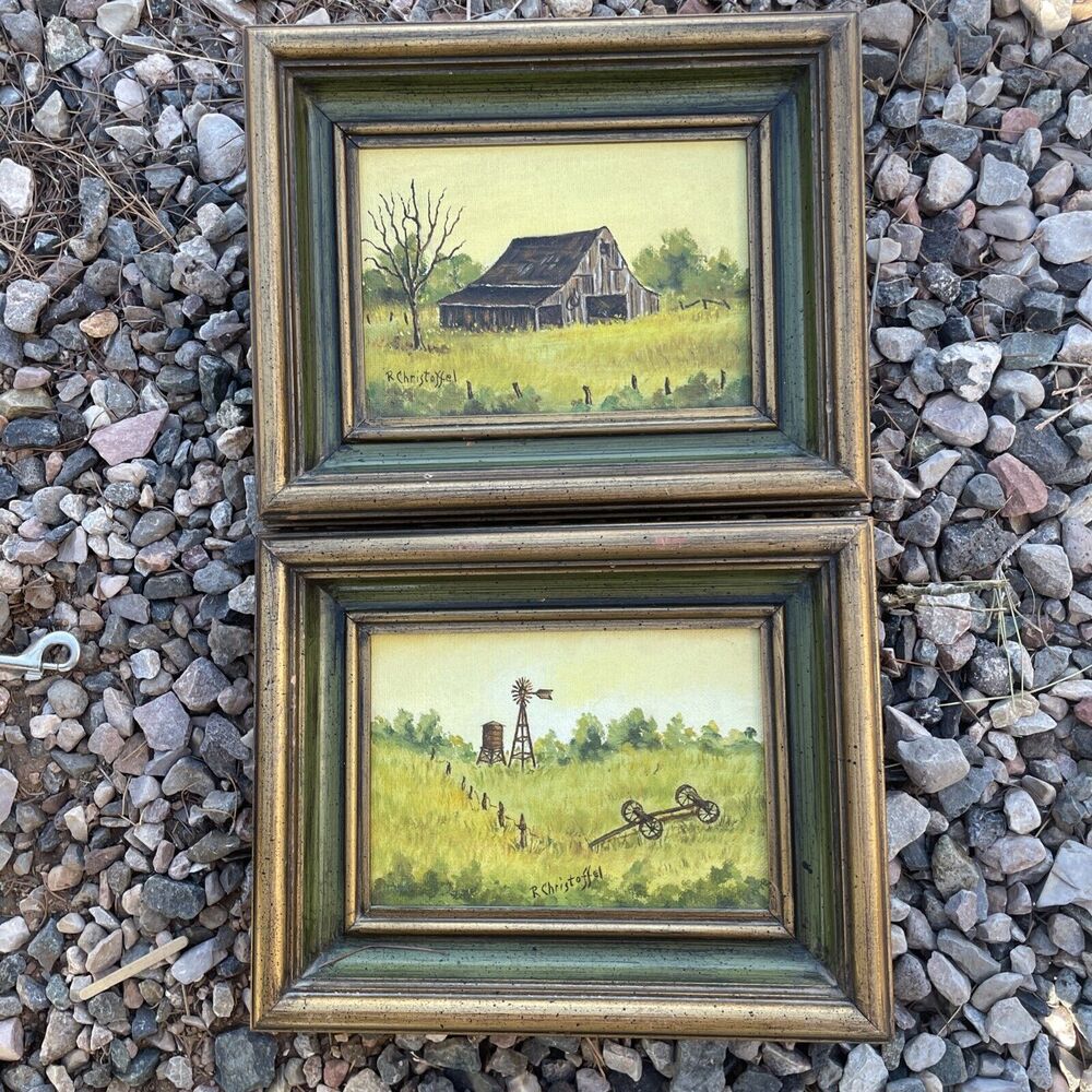 Set 2 Vintage Framed Oil Paintings Signed R. Christoffel Farm Wagon Barn Wind